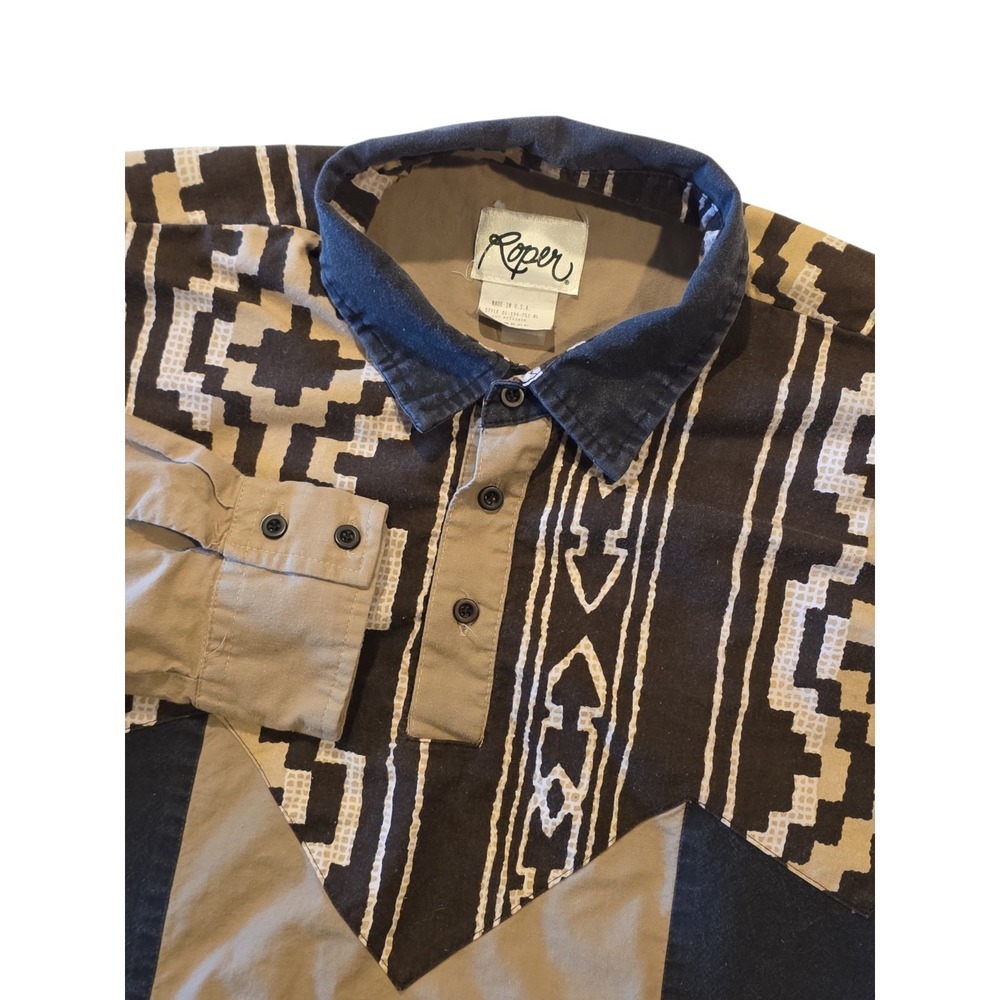 Vintage Roper Western Shirt USA Made XL Tan Black Aztec 3 Button Pullover